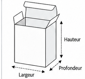 Schéma largeur, hauteur et profondeur d'un étui carton